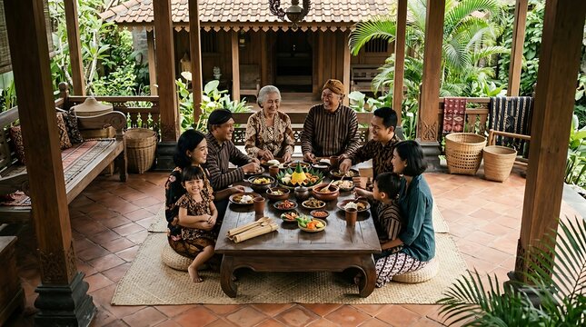 Multi generational indonesian family sharing a traditional meal