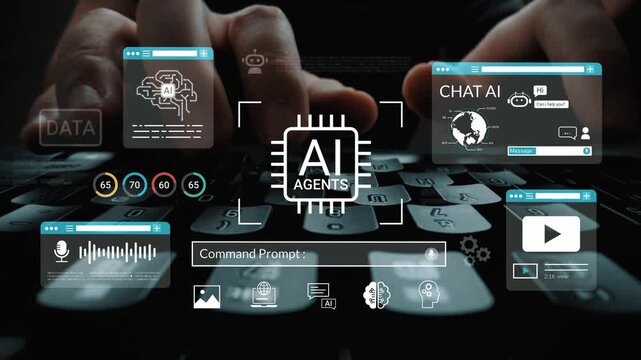 Hands typing on a keyboard with digital interfaces showing AI agents, chat features, data analytics, and technology concepts in a modern workspace environment Gluon.