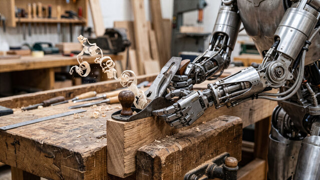 Humanoid robot using a classic wood plane tool on heavy timber workbench curly shavings flying carpentry craft