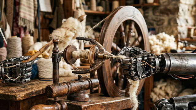 Modern robot using old manual spinning wheel to turn raw sheep wool into yarn loops thread traditional craft