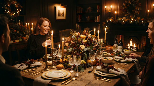 Woman enjoying a festive dinner with friends surrounded by candlelight and elegant table settings.