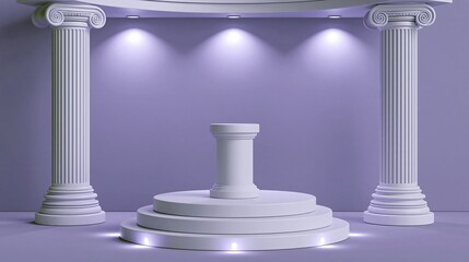 Fototapeta premium Elegant White Pedestal Display with Classical Columns and Dramatic Spotlights