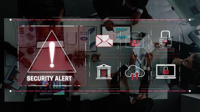 A security alert concept featuring digital icons about data protection, privacy risks, and financial security in a modern office setting, highlighting teamwork and innovation. Raster