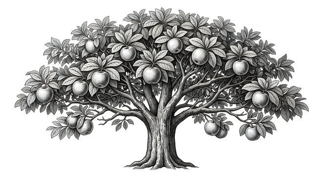 Vintage engraving style illustration of a fruitful apple tree with ripe apples and leaves