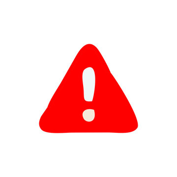Red warning triangle icon, hand drawn caution exclamation mark illustration on white background