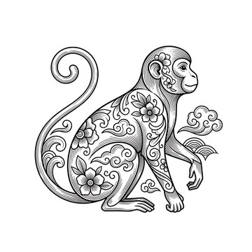 Intricate Ornamental Monkey Illustration Featuring Floral Patterns and Traditional Clouds for Chinese Zodiac Art