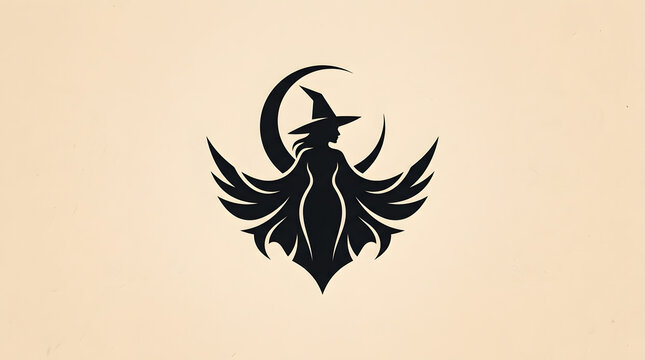 Black witch silhouette with crescent moon on beige background