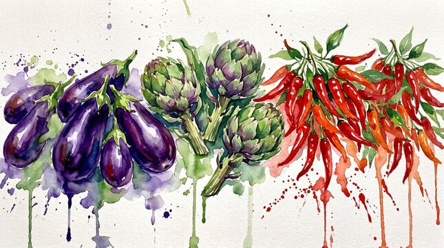 Watercolor Vegetables Artwork with Eggplant Artichoke Chili Peppers