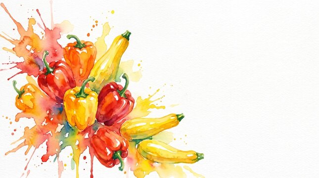Colorful Watercolor Bell Peppers and Zucchini Illustration