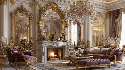 Naklejka premium Opulent baroque living room with gold accents, plush purple furniture, crystal chandelier, and warm fireplace.