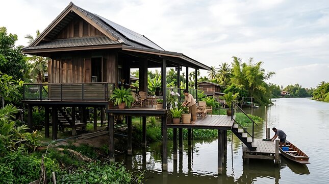 Traditional wooden stilt house on a tropical riverbank