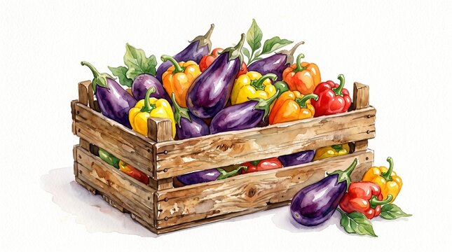 Colorful Wooden Crate Filled with Fresh Peppers and Eggplants