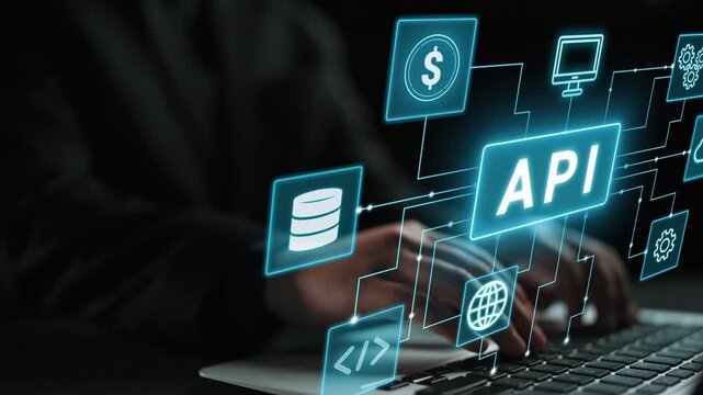 Hands Typing on Laptop with API Icons and Data Connections in a Dark Environment Representing Digital Technology and Innovation. Entropy.