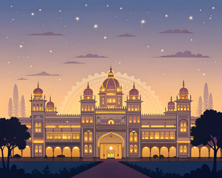Mysore Palace illuminated at dusk with glowing lights  premium vector illustration  luxurious golden ambiance