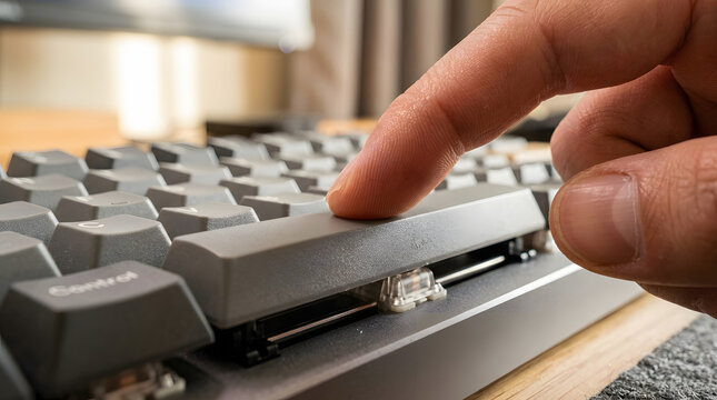 A finger pressing the spacebar of a mechanical keyboard.