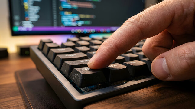 Close up view of a hand pressing a key on a mechanical keyboard.