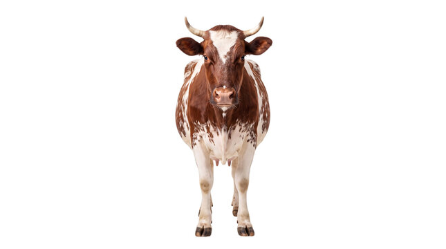 Brown and white cow front view isolated on transparent background