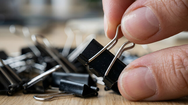 Close up view of fingers picking up a black metal binder clip from a pile.