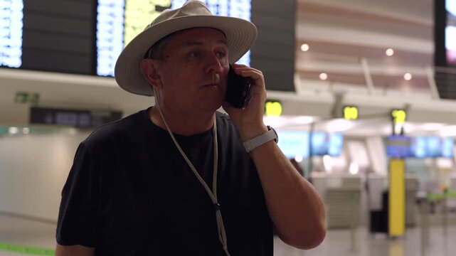 Senior man with hat talking on phone inside modern airport