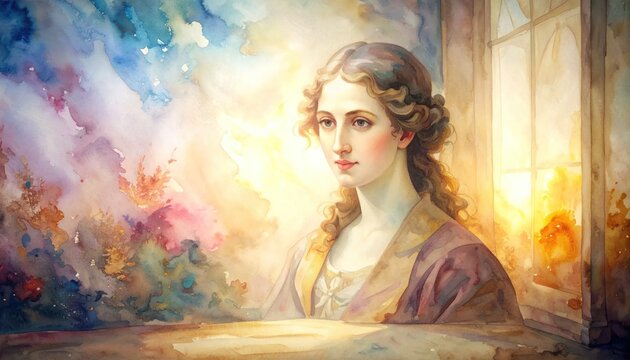 Classical watercolor portrait of woman in ethereal dreamy light.