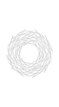 A circular arrangement of thin wooden sticks forms a textured nest pattern that suggests nature and organic construction methods for bird habitats found within many different forest environments