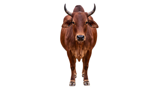 Brown zebu bull facing forward isolated on transparent background