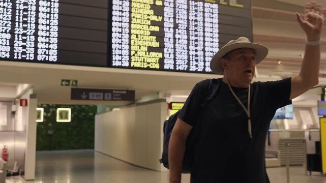 Mature tourist checking time and waving at airport terminal
