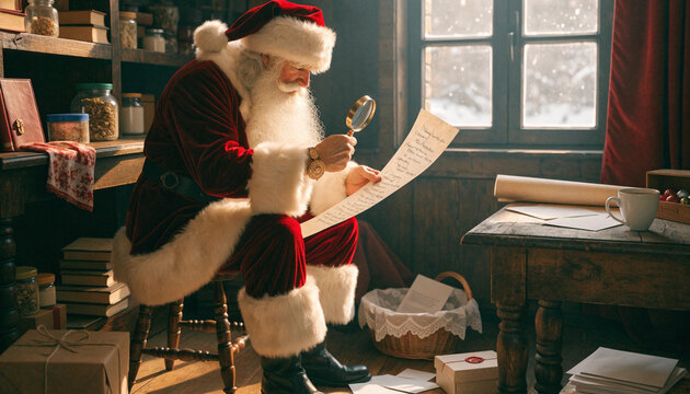 Elderly man with white beard examining long paper scroll using magnifying glass in rustic workshop with lengthy list magnifying sunlit wooden workshop