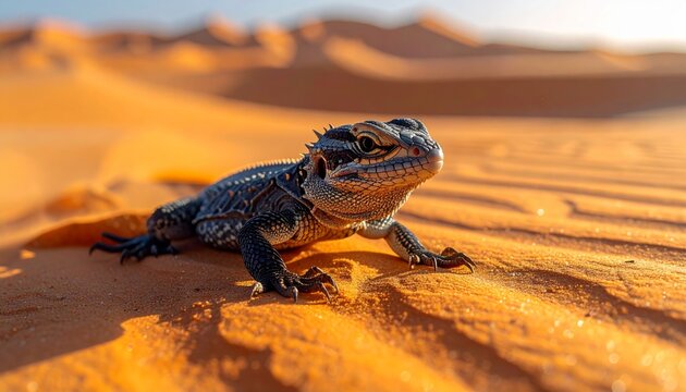 Close up of a rare desert lizard sitting on golden sand dunes at sunset