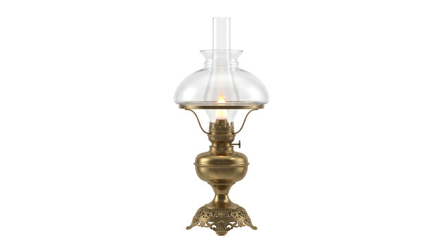 Vintage weathered brass oil lamp glowing flame warm lighting antique home decor energy emergency illumination concept on transparent background