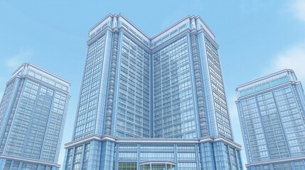 Fototapeta premium Modern Glass Skyscraper Office Buildings Against a Clear Blue Sky