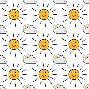 Hand-drawn seamless pattern with yellow smiley faces and clouds with suns