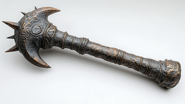 A beautifully decorated medieval mace with its spiked head and sturdy handle, sharply detailed against a stark white background under soft professional studio lighting 