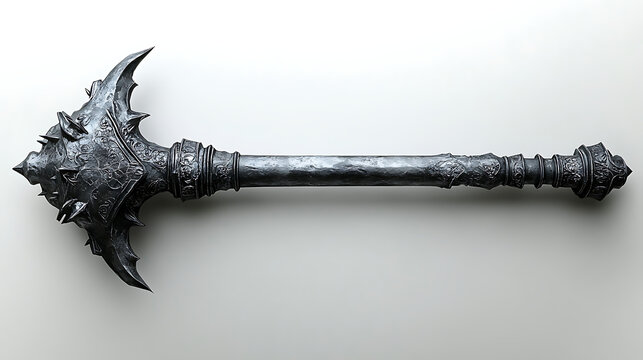 A beautifully decorated medieval mace with its spiked head and sturdy handle, sharply detailed against a stark white background under soft professional studio lighting 