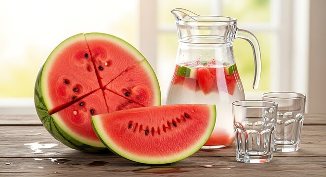 Fresh sliced watermelon with a glass pitcher of fruit infused water on a wooden table