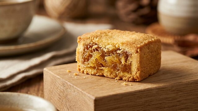 Traditional pineapple cake pastry sliced open on wooden block with warm rustic lighting backdrop