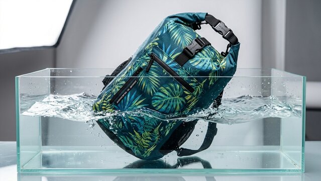 Waterproof tropical print dry bag submerged in glass tank for product durability testing photography