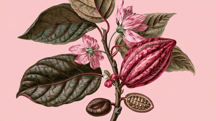 Fototapeta premium Vintage botanical illustration of cacao pod, flowers, and leaves on a pink background