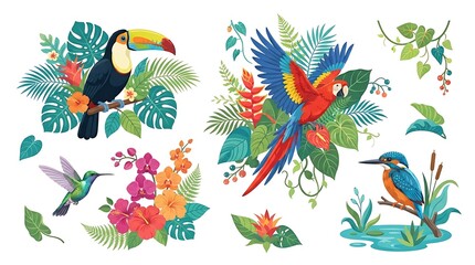 Obraz premium Tropical Birds and Exotic Flowers Set