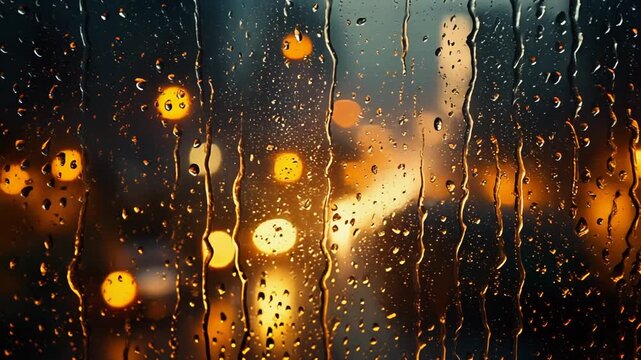 Moody Cinematic Rain on Window Pane with Heavy Water Streams and Golden Bokeh City Lights at Night