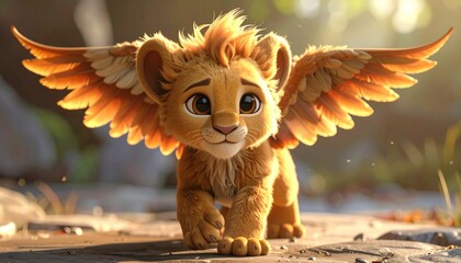 Cute Baby Winged Lion Cub Walking in Golden Sunlight 3D Fantasy Character Illustration © avivmuzi