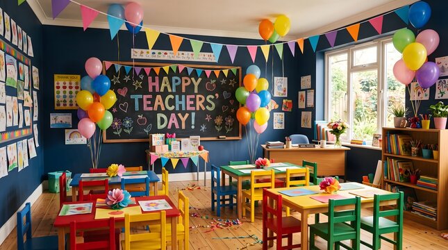 Colorful classroom decorated with balloons and banners for a happy teachers day celebration in an elementary school setting