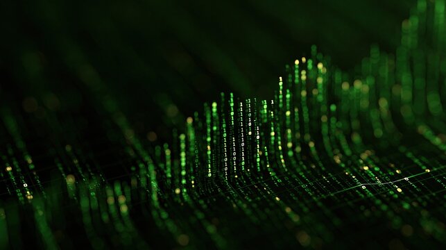 Abstract digital wave pattern composed of glowing green binary code digits flowing across a dark background with bokeh effects