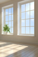 Fototapeta premium Bright and airy interior room with large windows, natural light streaming across wooden floor and potted plant
