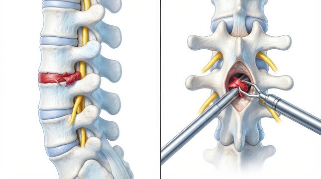 Minimally invasive spine surgery for herniated disc treatment shown in medical illustration.