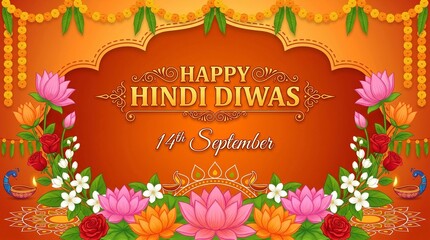 Fototapeta premium Hindi Diwas banner featuring dazzling golden typography with festive charm.