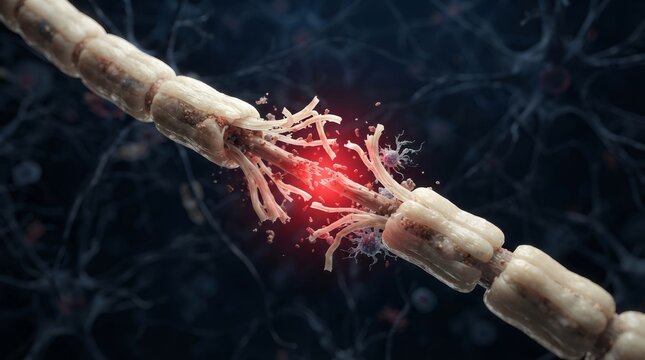 Detailed close-up of a damaged nerve axon showing myelin sheath breakdown and inflammation.