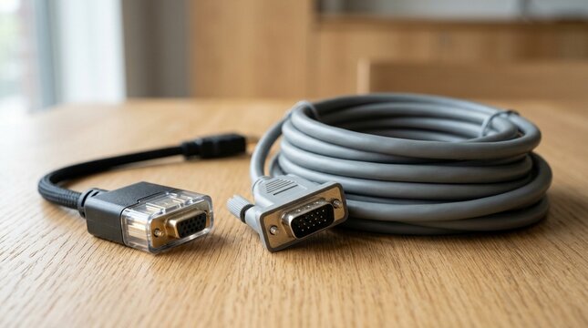 Presentation connector cable resting beside a coiled projector cable on a table &ndash; Procurement and Vendor Management Stock Photo