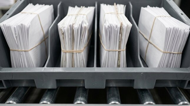 Automated document sorter tray holding freshly sorted vendor units &ndash; Procurement and Vendor Management Stock Photo