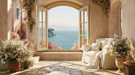 Fototapeta premium Cozy Mediterranean Balcony with Open French Doors Revealing a Stunning Ocean View and Abundant Flowers